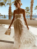 Simple A Line Halter Tulle Champagne Long Formal Prom Dresses