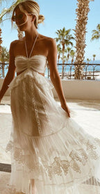 Simple A Line Halter Tulle Champagne Long Formal Prom Dresses
