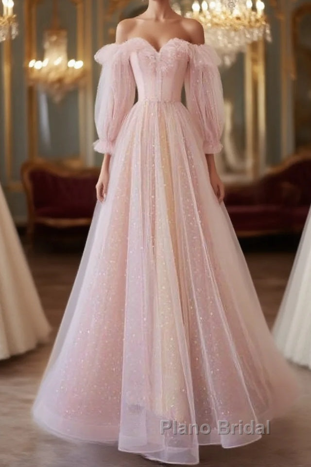Simple A Line Long Sleeves Pink Tulle Long Formal Prom Dresses Main image