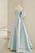 Simple A Line Off The Shoulder Blue Satin Long Formal Prom Dresses