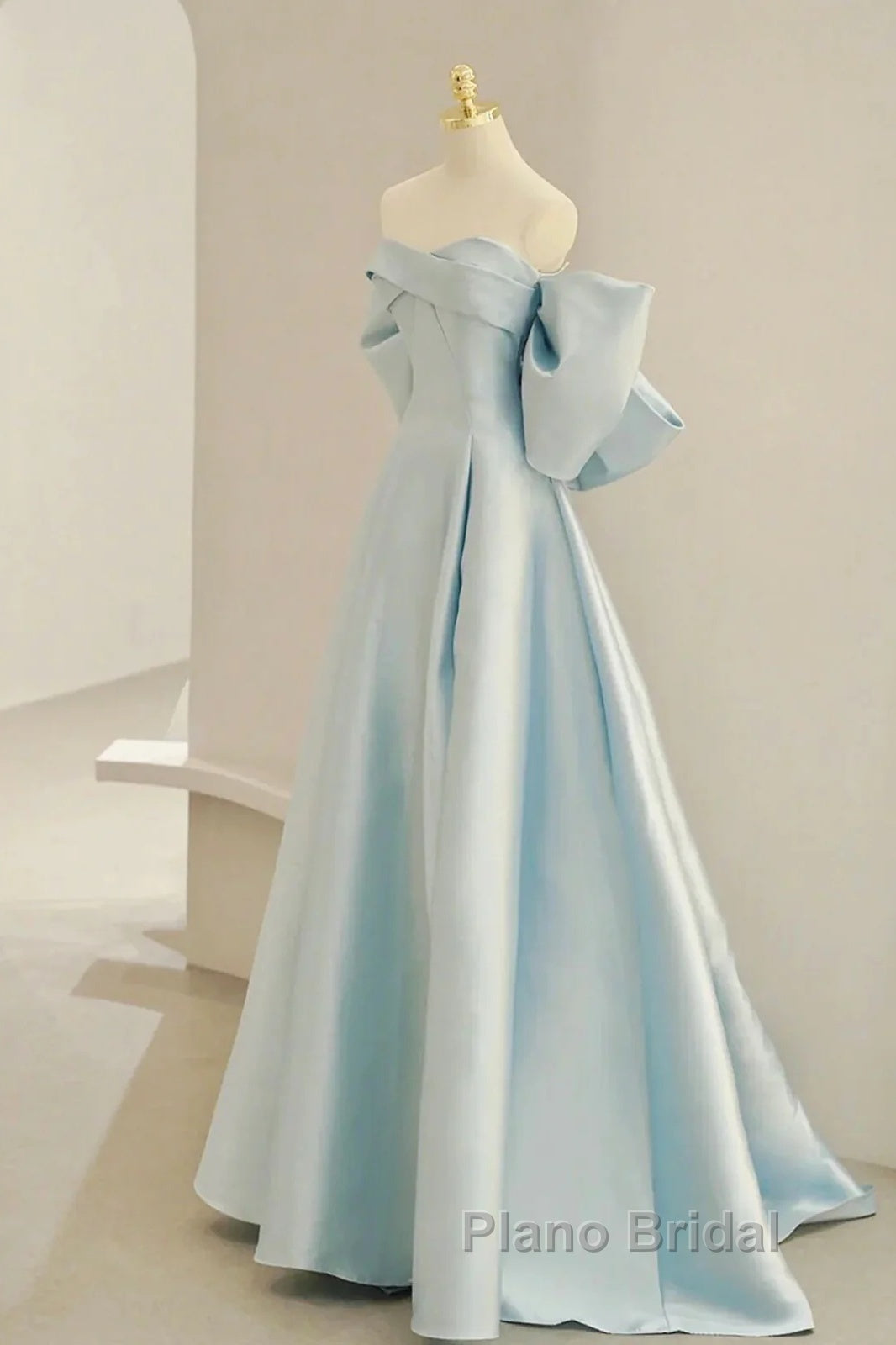 Simple A Line Off The Shoulder Blue Satin Long Formal Prom Dresses Secondary image