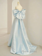 Simple A Line Off The Shoulder Blue Satin Long Formal Prom Dresses