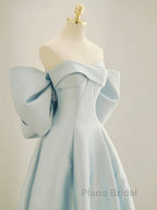 Simple A Line Off The Shoulder Blue Satin Long Formal Prom Dresses