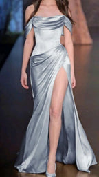 Simple A-Line Off The Shoulder Blue Satin Long Formal Prom Dresses Formal Evening Dresses