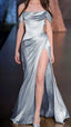 Simple A-Line Off The Shoulder Blue Satin Long Formal Prom Dresses Formal Evening Dresses