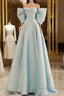 Simple A Line Off The Shoulder Blue Satin Long Formal Prom Dresses