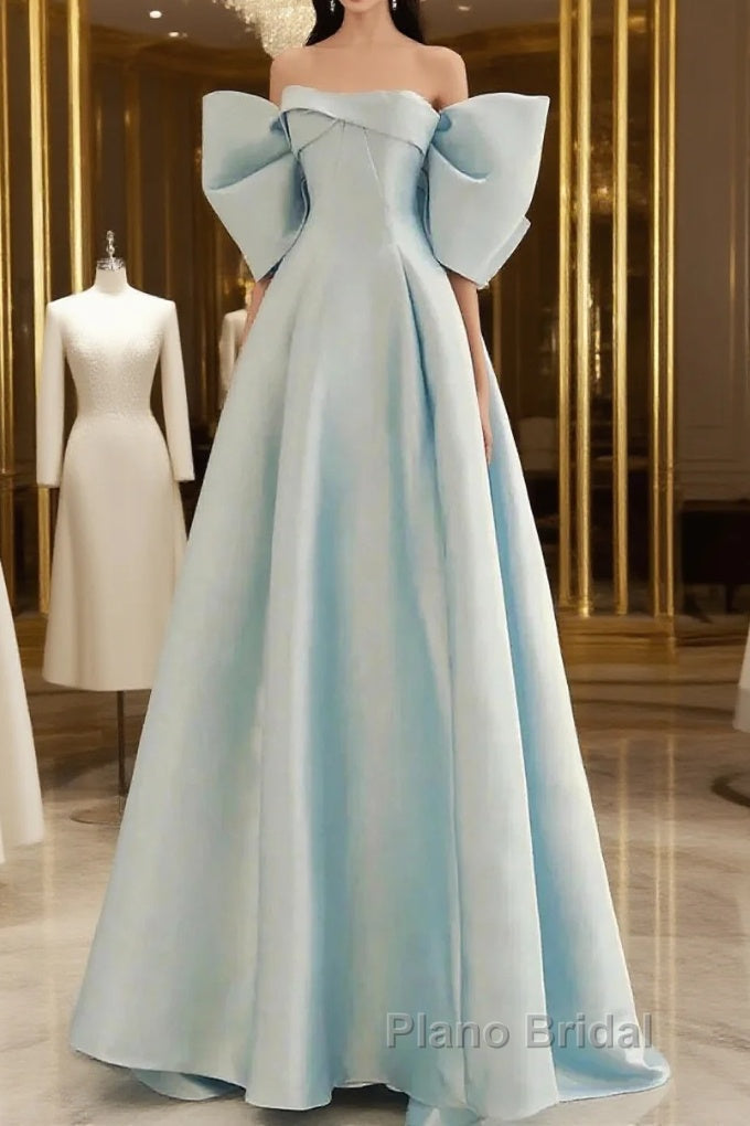 Simple A Line Off The Shoulder Blue Satin Long Formal Prom Dresses Main image