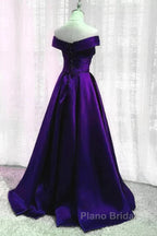 Simple A Line Off The Shoulder Purple Satin Long Formal Prom Dresses