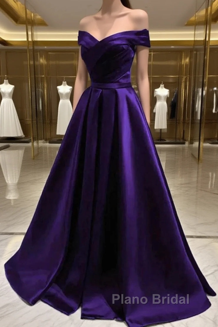 Simple A Line Off The Shoulder Purple Satin Long Formal Prom Dresses