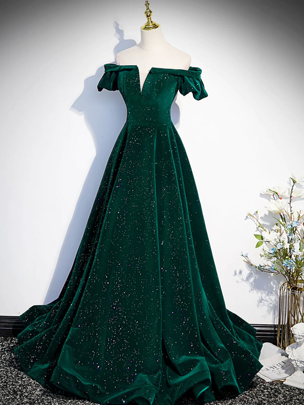 Simple A line Off the Shoulder Shiny Green Black Long Prom Dresses