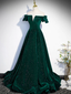 Simple A line Off the Shoulder Shiny Green Black Long Prom Dresses