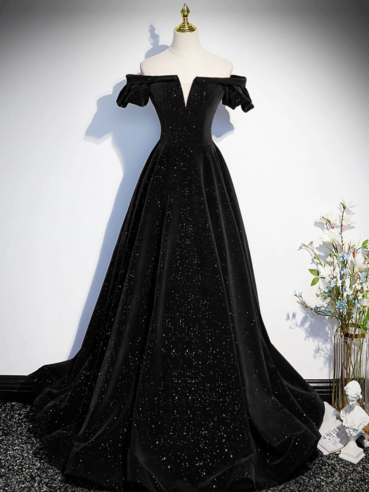 Simple A line Off the Shoulder Shiny Green Black Long Prom Dresses