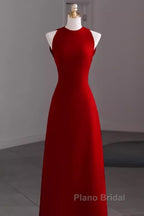 Simple A Line Red Floor Length Open Back Formal Prom Dresses