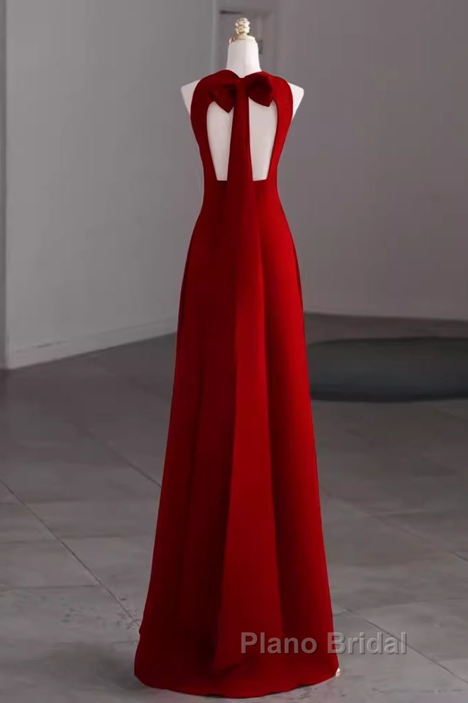 Simple A Line Red Floor Length Open Back Formal Prom Dresses