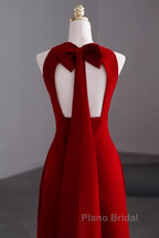 Simple A Line Red Floor Length Open Back Formal Prom Dresses