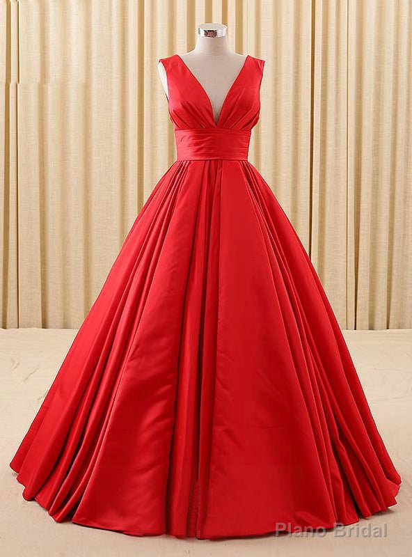 Simple A-line Red V-neck Satin Backless Quinceanera Dresses Main image