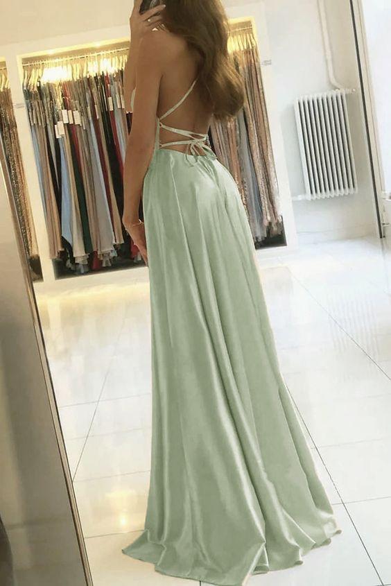 Simple A Line Sage Green Long Formal Prom Dresses With Slit Formal Evening Party Dresses Secondary image