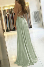 Simple A Line Sage Green Long Formal Prom Dresses With Slit Formal Evening Party Dresses