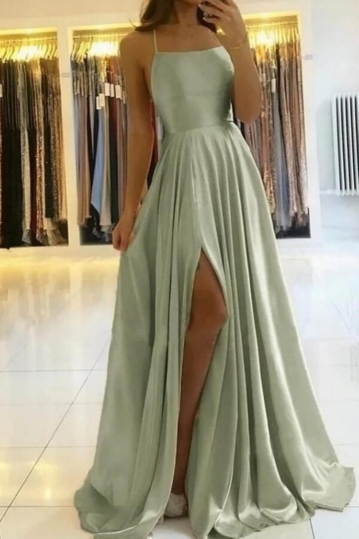 Simple A Line Sage Green Long Formal Prom Dresses With Slit Formal Evening Party Dresses Main image