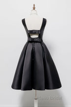 Simple  A-Line Satin Black Short Formal Prom Dresses, Black Homecoming Dresses