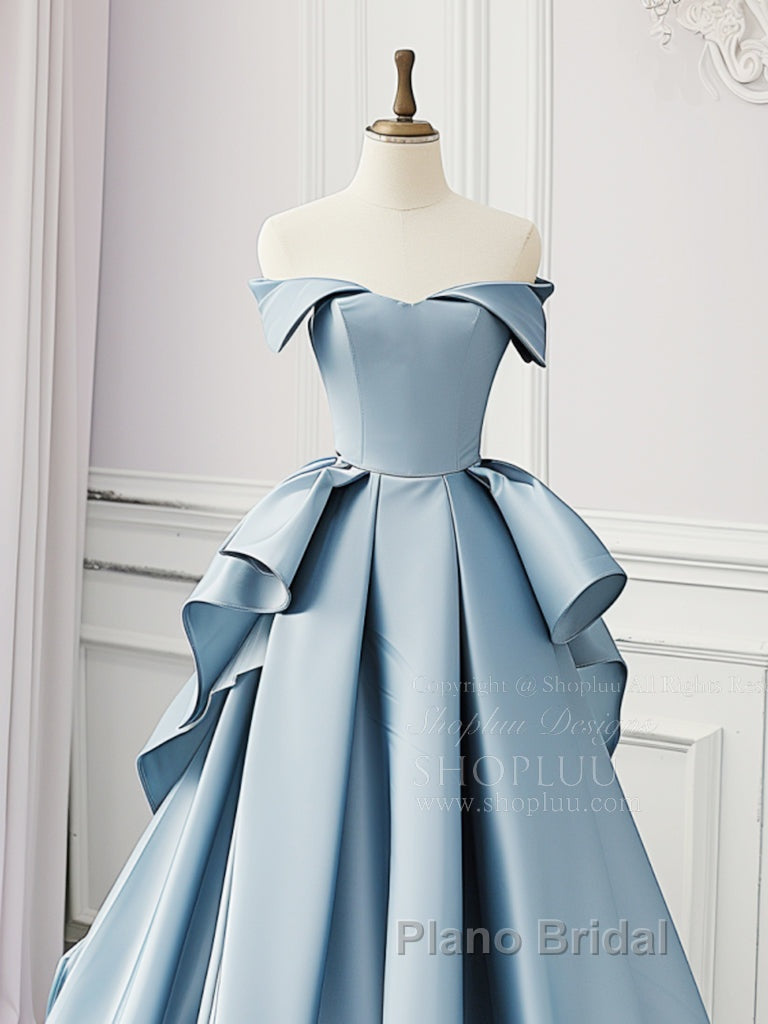 Simple A-Line Satin Blue Long Formal Prom Dresses, Blue Satin Long Formal Dresses
