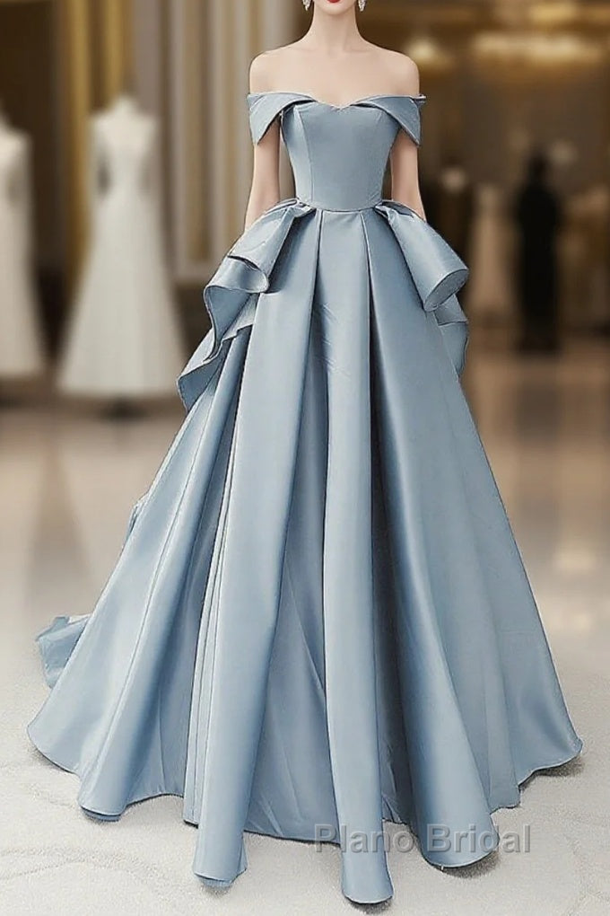 Simple A-Line Satin Blue Long Formal Prom Dresses, Blue Satin Long Formal Dresses Main image