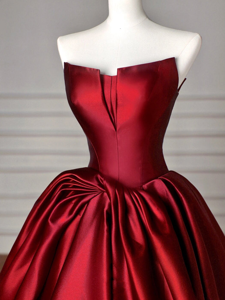 Simple A-Line Satin Burgundy Long Formal Prom Dresses, Burgundy Long Prom Dresses