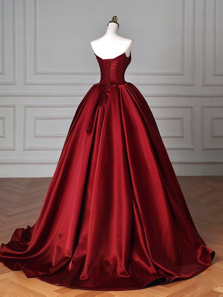Simple A-Line Satin Burgundy Long Formal Prom Dresses, Burgundy Long Prom Dresses