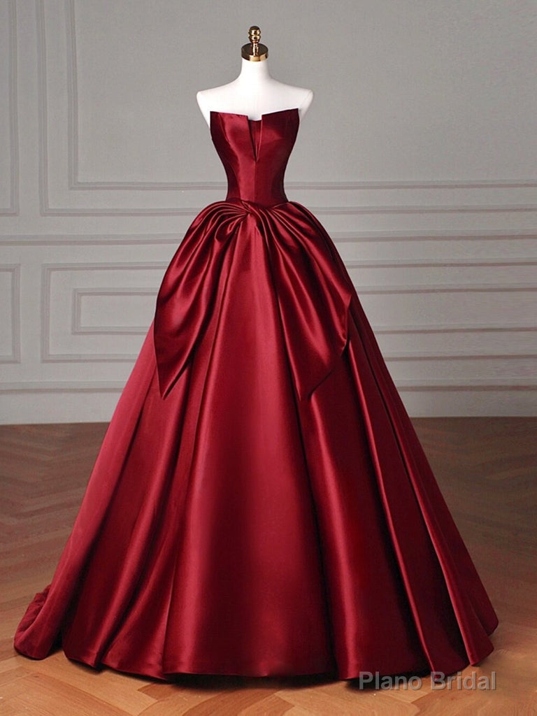 Simple A-Line Satin Burgundy Long Prom Dress, Burgundy Long Formal Dress Main image