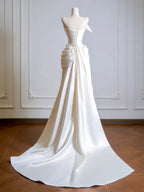 Simple A-Line Satin Sweep Train Light Champagne Formal Prom Dresses