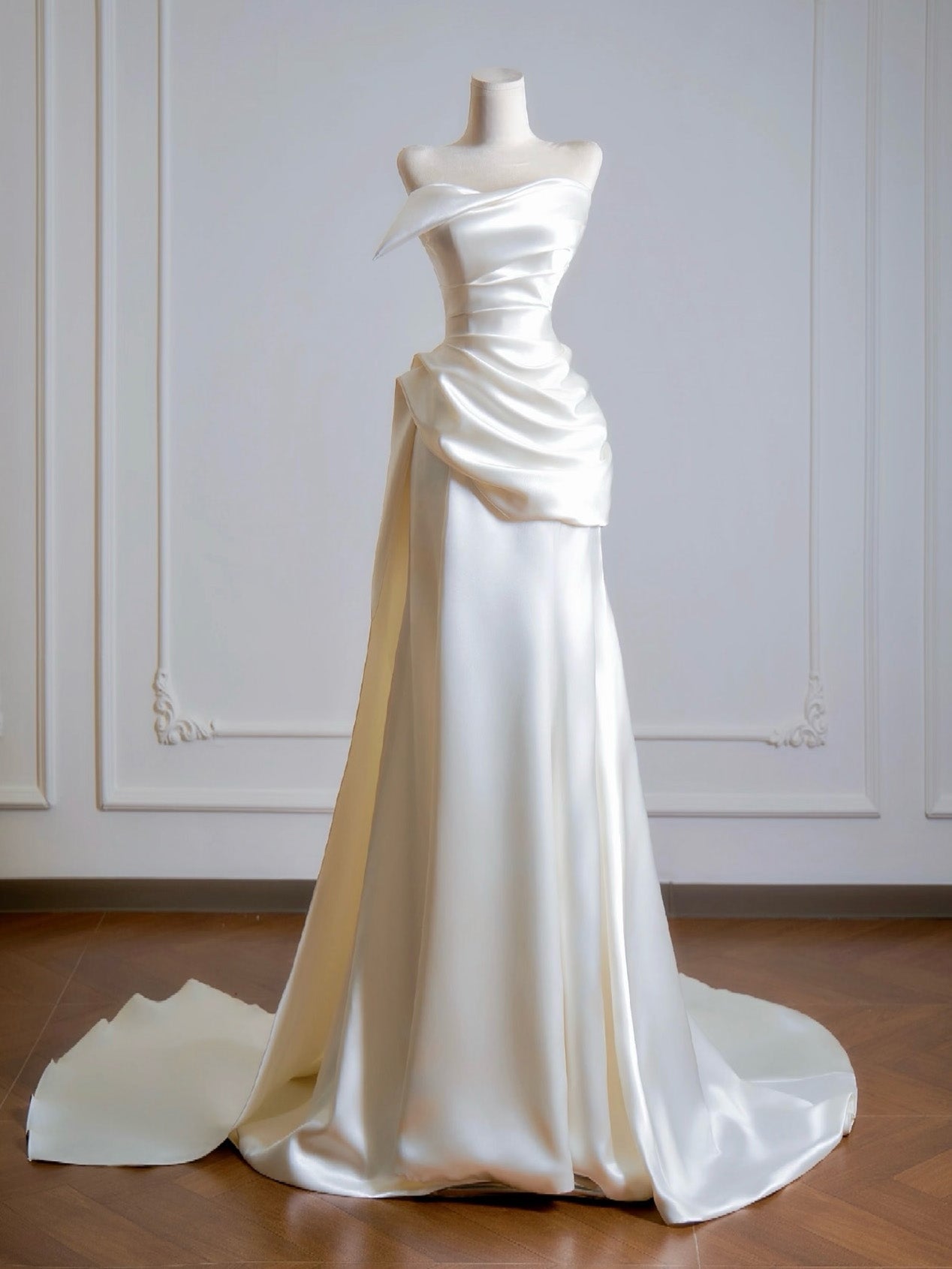 Simple A-Line Satin Sweep Train Light Champagne Formal Prom Dresses