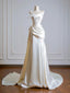 Simple A-Line Satin Sweep Train Light Champagne Formal Prom Dresses