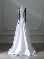 Simple A-Line Satin White Long Formal Prom Dresses, White Long Formal Dresses
