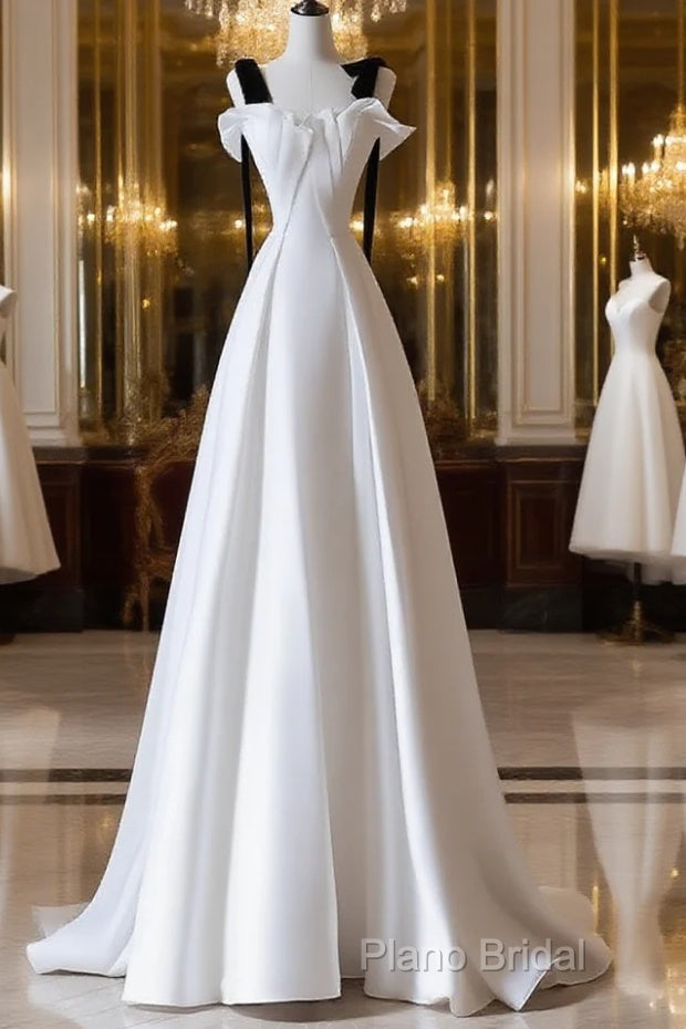 Simple A-Line Satin White Long Formal Prom Dresses, White Long Formal Dresses Main image
