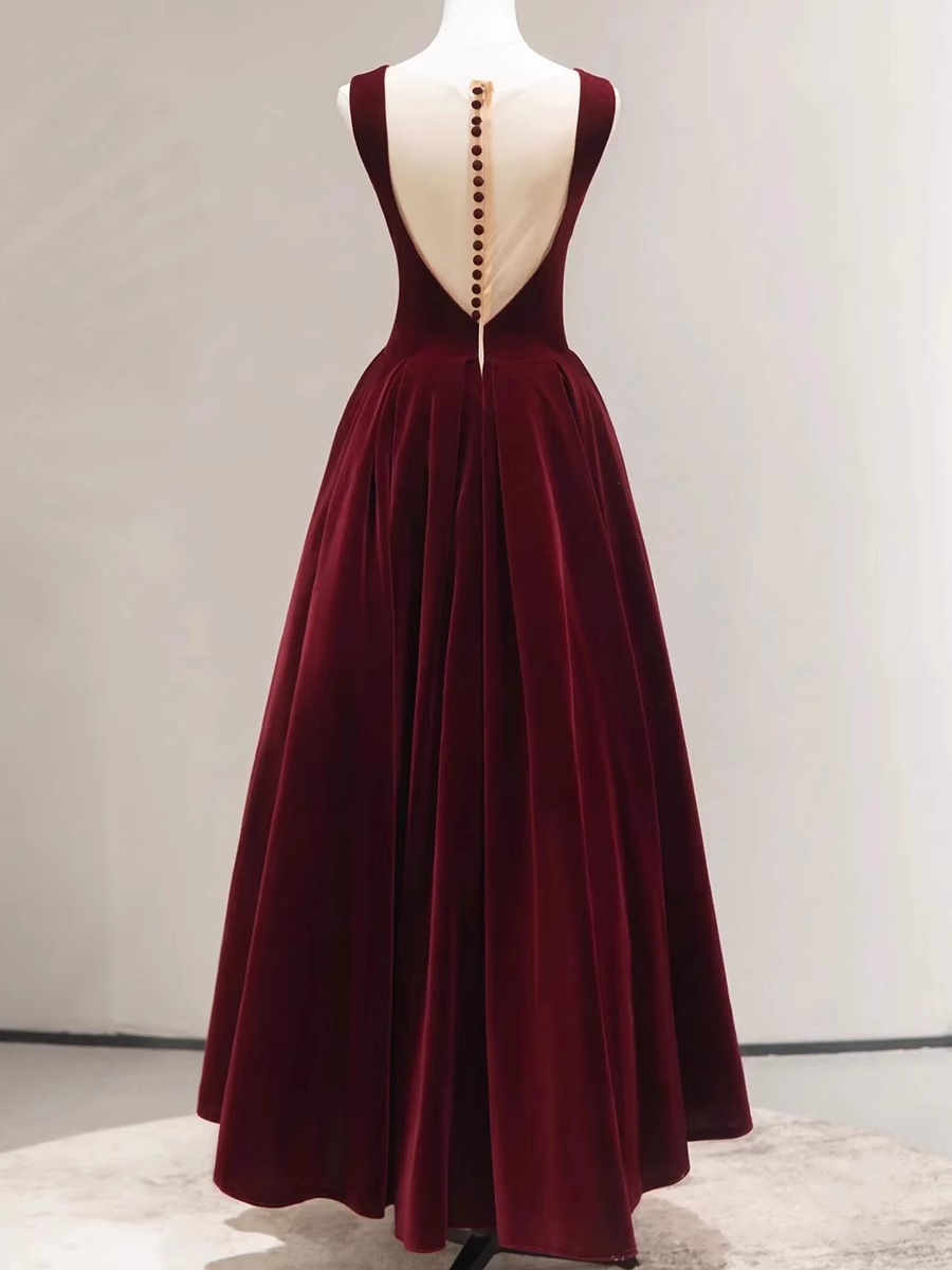 Simple A line Scoop Velvet Burgundy Velvet Long Prom Dresses