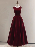Simple A line Scoop Velvet Burgundy Velvet Long Prom Dresses