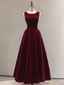 Simple A line Scoop Velvet Burgundy Velvet Long Prom Dresses