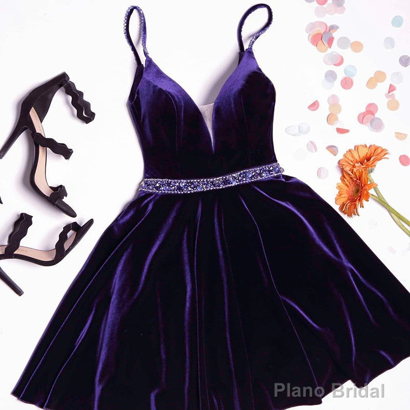 Simple A-line Spaghetti Straps Homecoming Dresses Velvet Crystal Hoco Dress Secondary image
