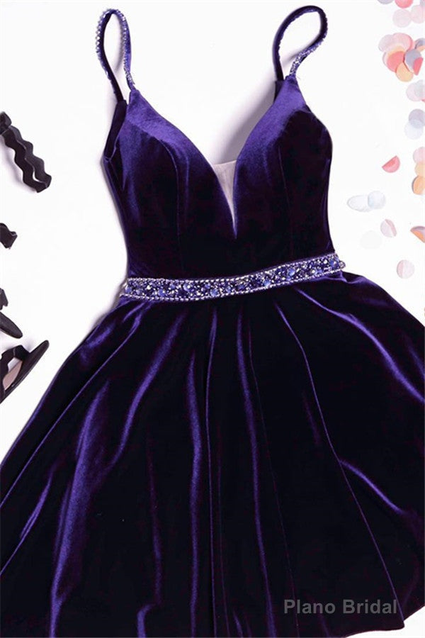 Simple A-line Spaghetti Straps Homecoming Dresses Velvet Crystal Hoco Dress Main image