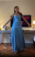 Simple A Line Spaghetti Straps Blue Satin Formal Prom Dresses Birthday Outfits