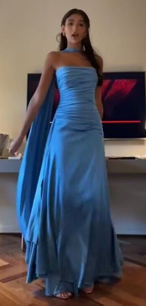 Simple A Line Spaghetti Straps Blue Satin Formal Prom Dresses Birthday Outfits