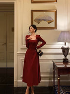 Simple A Line Square Neckline Long Sleeves Red Formal Prom Dresses Birthday Dresses