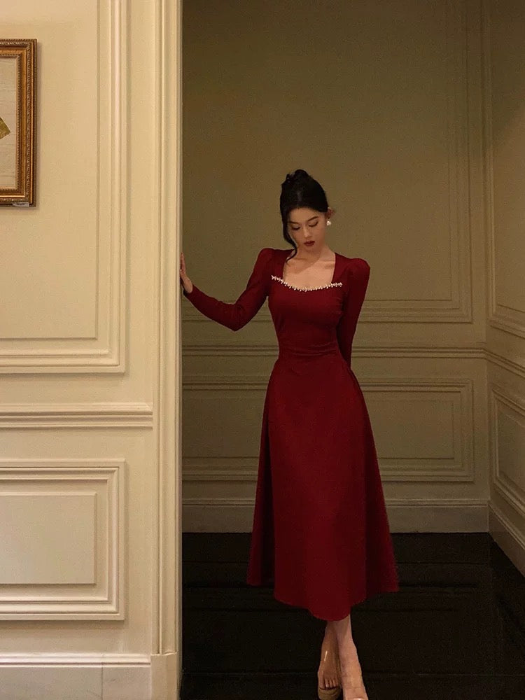 Simple A Line Square Neckline Long Sleeves Red Formal Prom Dresses Birthday Dresses