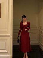 Simple A Line Square Neckline Long Sleeves Red Formal Prom Dresses Birthday Dresses