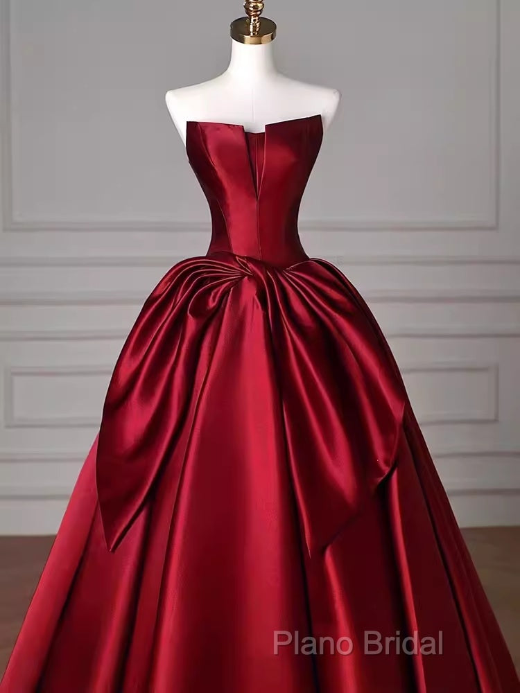 Simple A Line Strapless Burgundy Floor Length Formal Prom Dresses