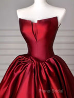 Simple A Line Strapless Burgundy Floor Length Formal Prom Dresses