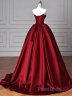 Simple A Line Strapless Burgundy Floor Length Formal Prom Dresses