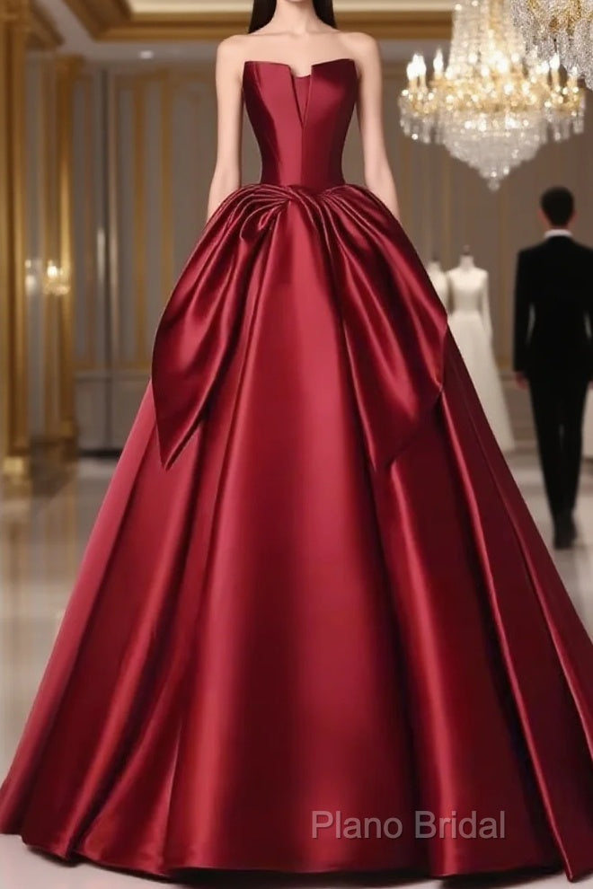 Simple A Line Strapless Burgundy Floor Length Formal Prom Dresses