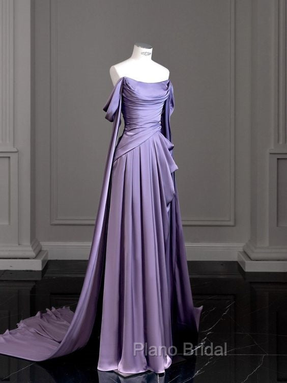 Simple A Line Strapless Sleeveless Satin Lilac Formal Prom Dresses Long Formal Prom Dresses Secondary image