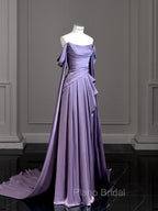 Simple A Line Strapless Sleeveless Satin Lilac Formal Prom Dresses Long Formal Prom Dresses